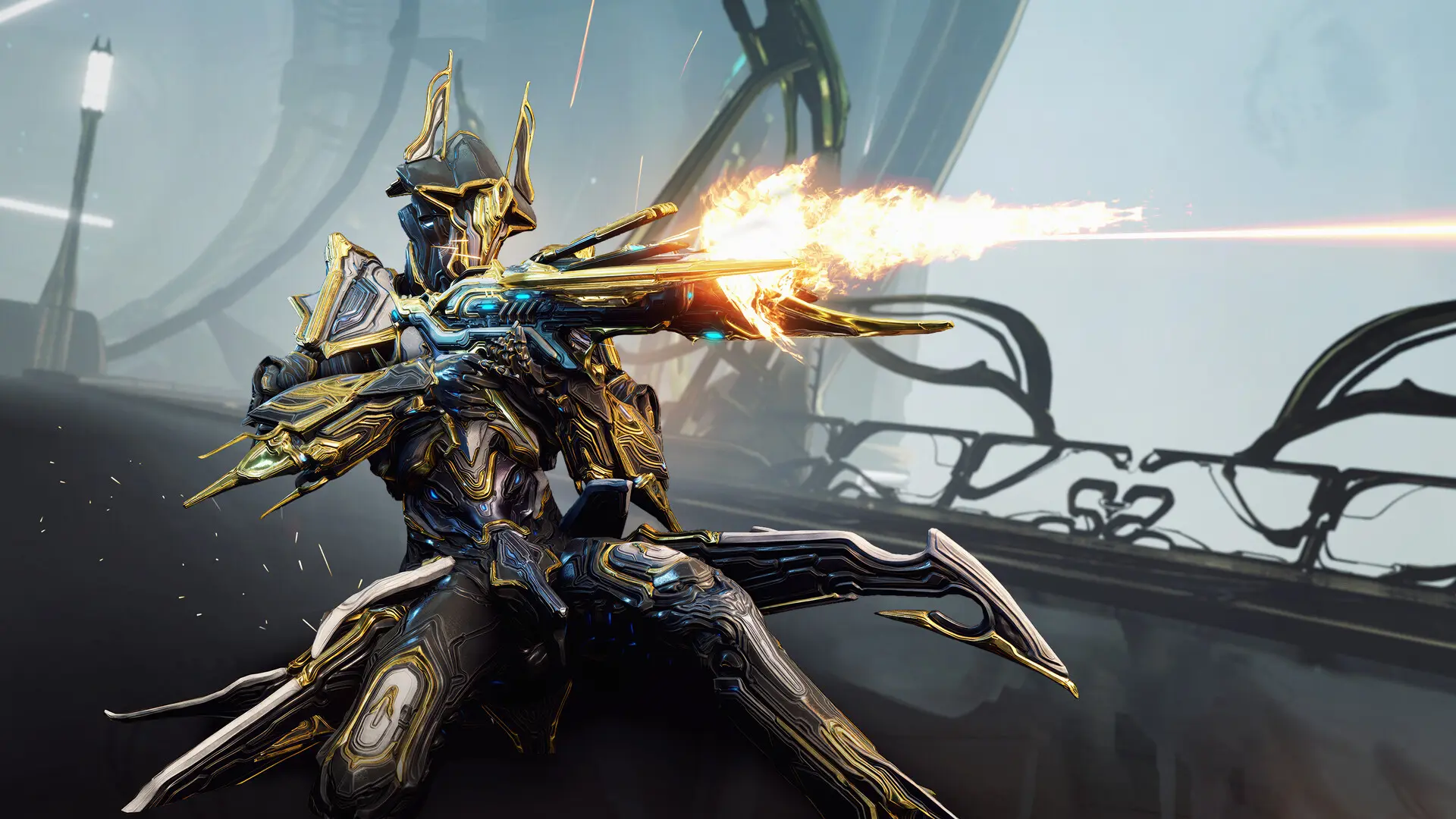 Tau Brysko character from Warframe firing a weapon with intricate armor design.