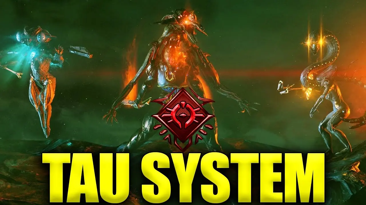 Three armored figures in a vibrant green and red environment representing Warframe's Tau System.
