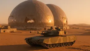 Desert battlefield with futuristic biodomes and military tank in World of Tanks HEAT Season 1