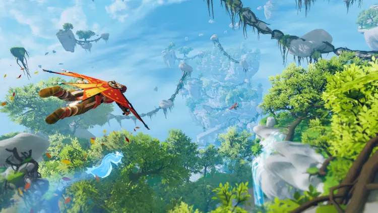 A character gliding through a vibrant sky filled with floating islands and lush green forests in Aloft