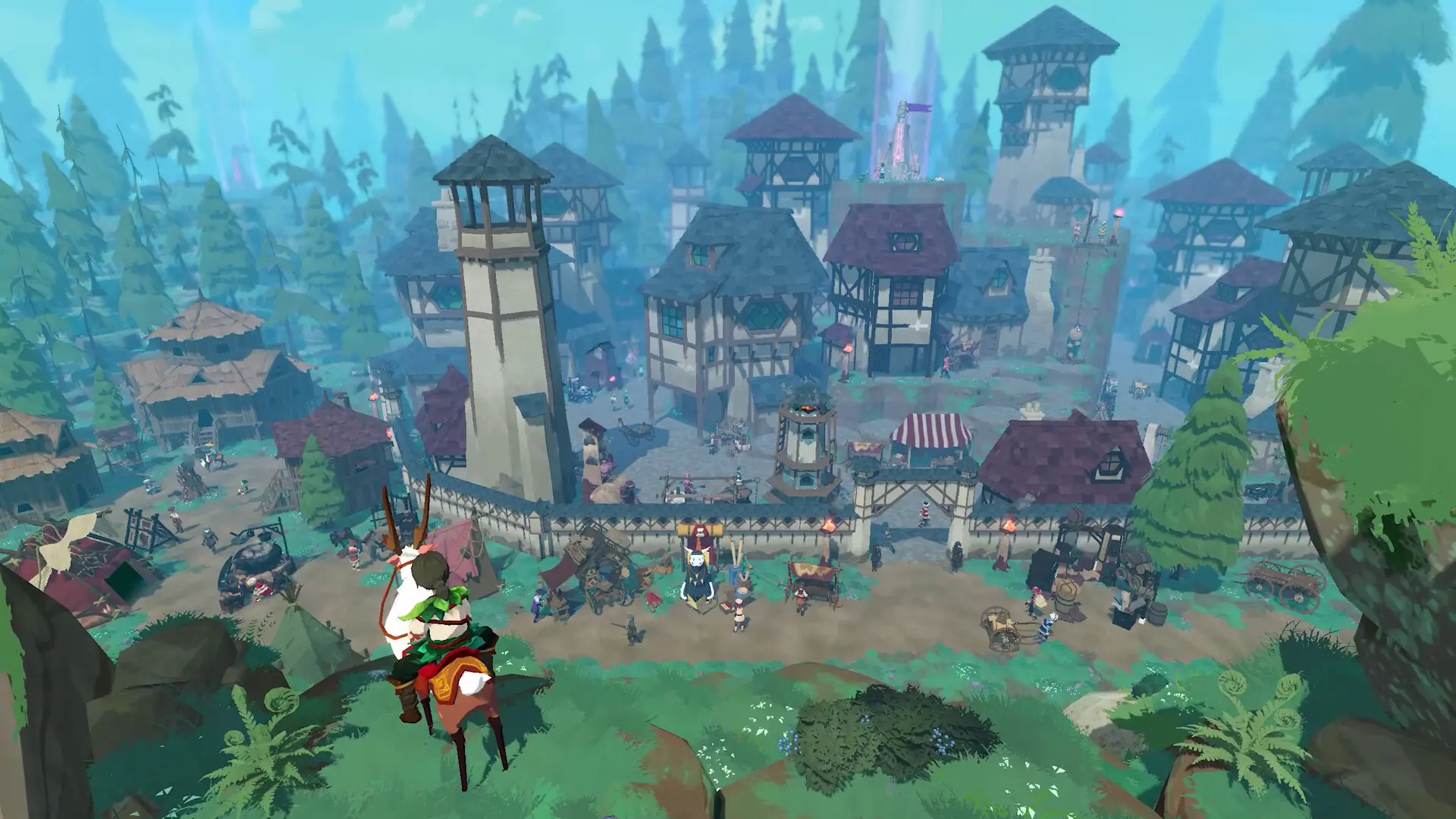 A player riding an Equous mount overlooking a stylized medieval village in BitCraft