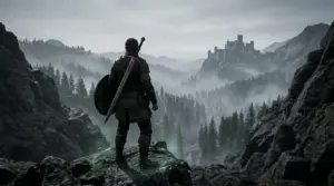 Warrior overlooking a misty valley in Crimson Desert Enhanced patch artwork