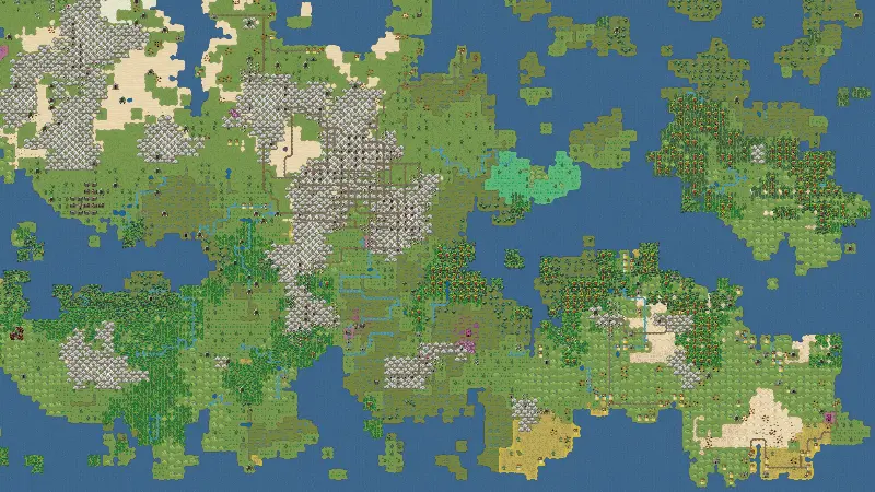 Procedurally generated world map from Dwarf Fortress showing diverse terrain, mountains, and forests