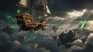 Custom skyship approaching floating islands and a bandit outpost in Everwind’s upcoming update