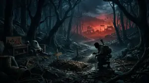 A lone survivor investigates unmarked graves beneath a blood moon in a Fallout 76-inspired wasteland