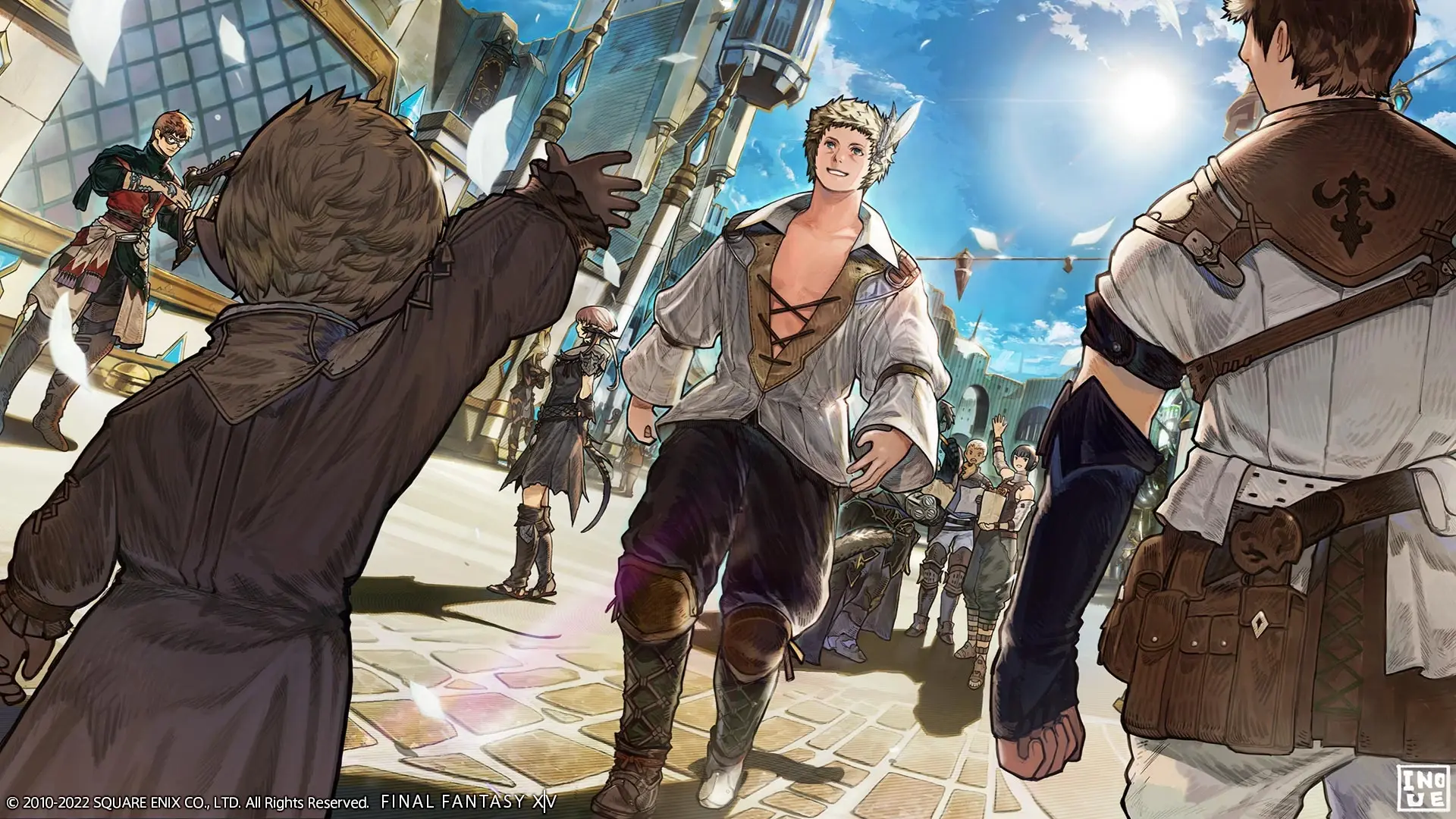 Official Final Fantasy XIV artwork of the Wandering Minstrel during the Rising event in a sunny city plaza.