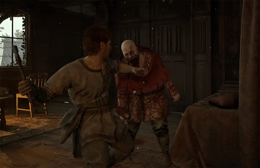A man in medieval attire swings a wooden club at a blood-stained zombie in a dark wooden room.