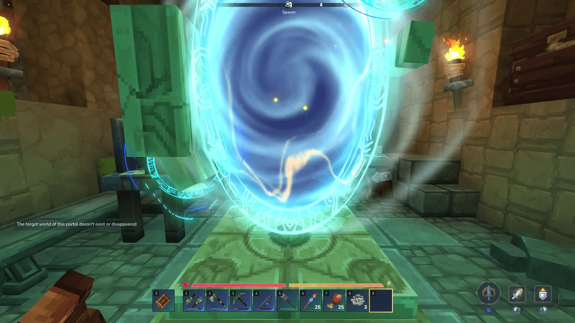 First-person view of a swirling blue magical portal in a Hytale stone room with a game UI overlay
