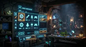 Hytale Update 6 Mod Browser interface and creative modding tools in a voxel-fantasy scene
