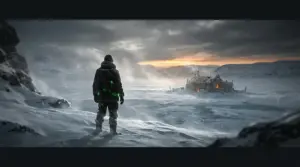 A lone survivor overlooks a frozen wilderness beneath an amber winter sky