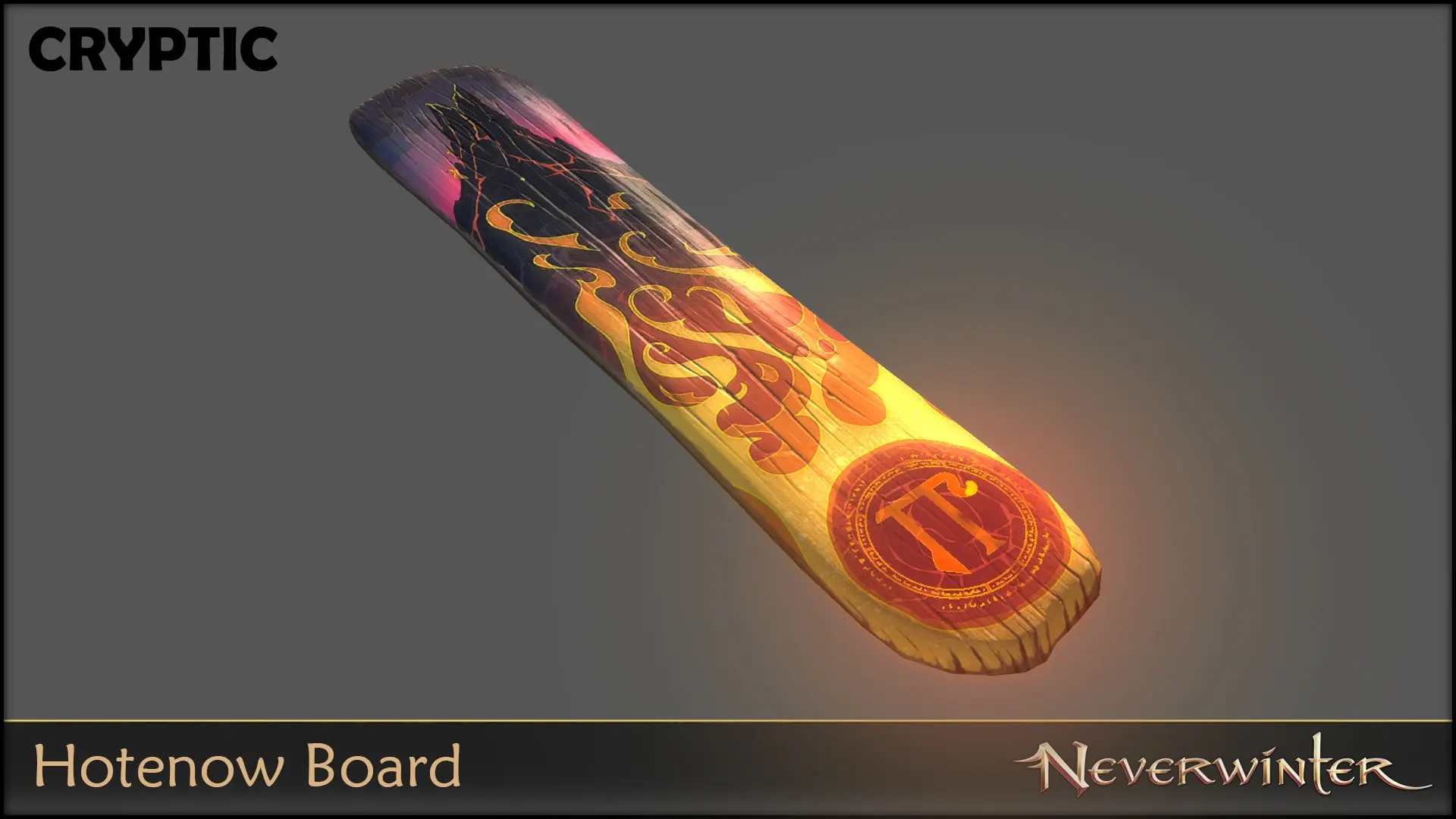 The Hotenow Board, a magical glowing skateboard from Neverwinter, featuring orange and purple arcane patterns.