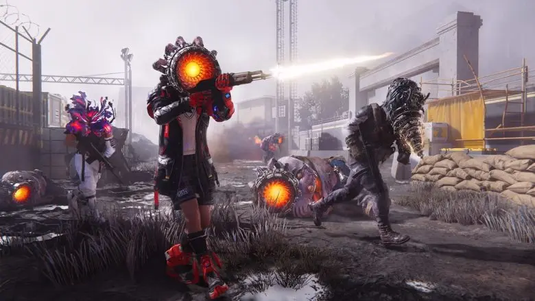 Character from Once Human firing a futuristic weapon at monsters in a desolate industrial setting