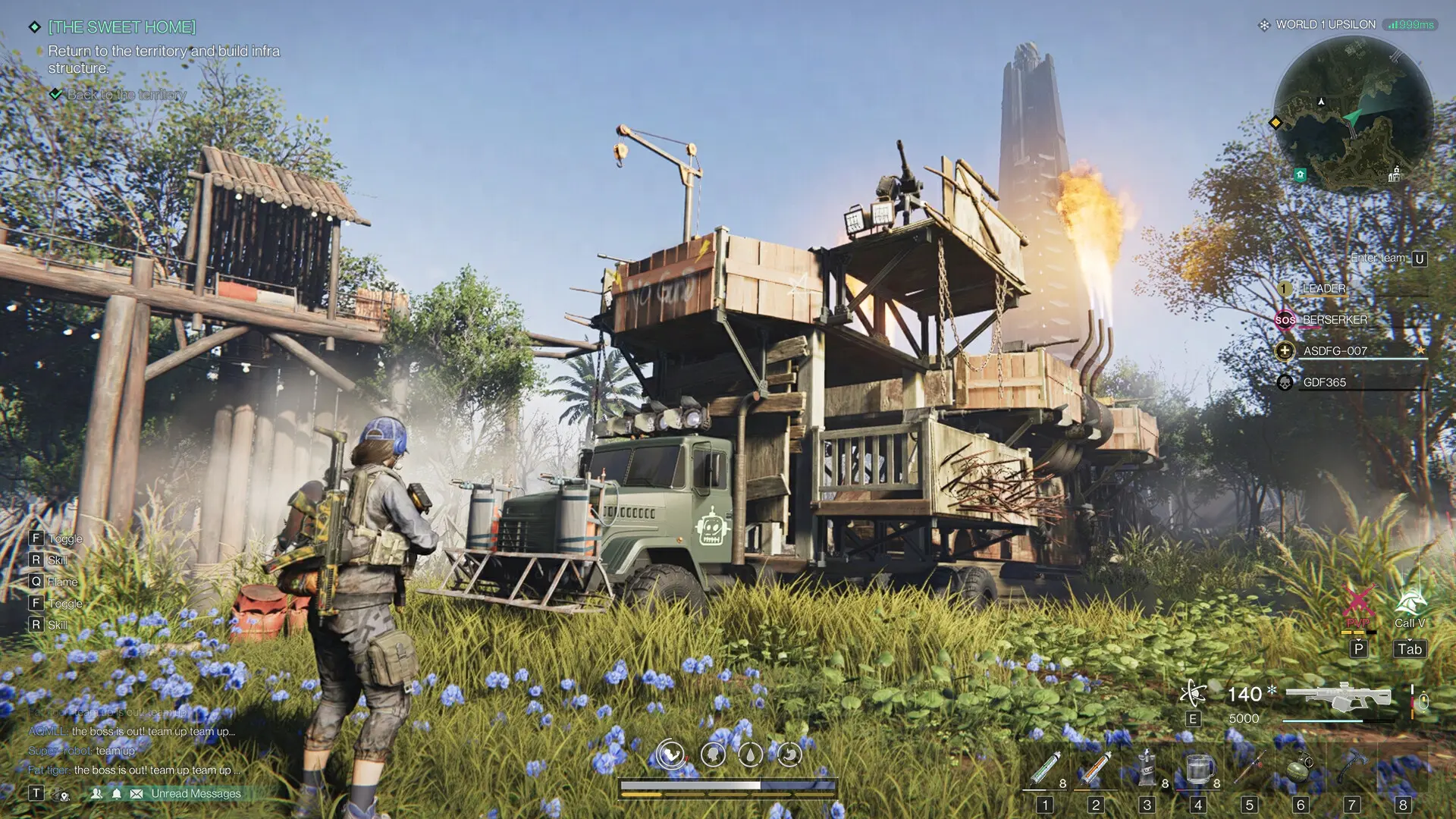 Gameplay screenshot of Once Human featuring a character standing before a large improvised armored truck base