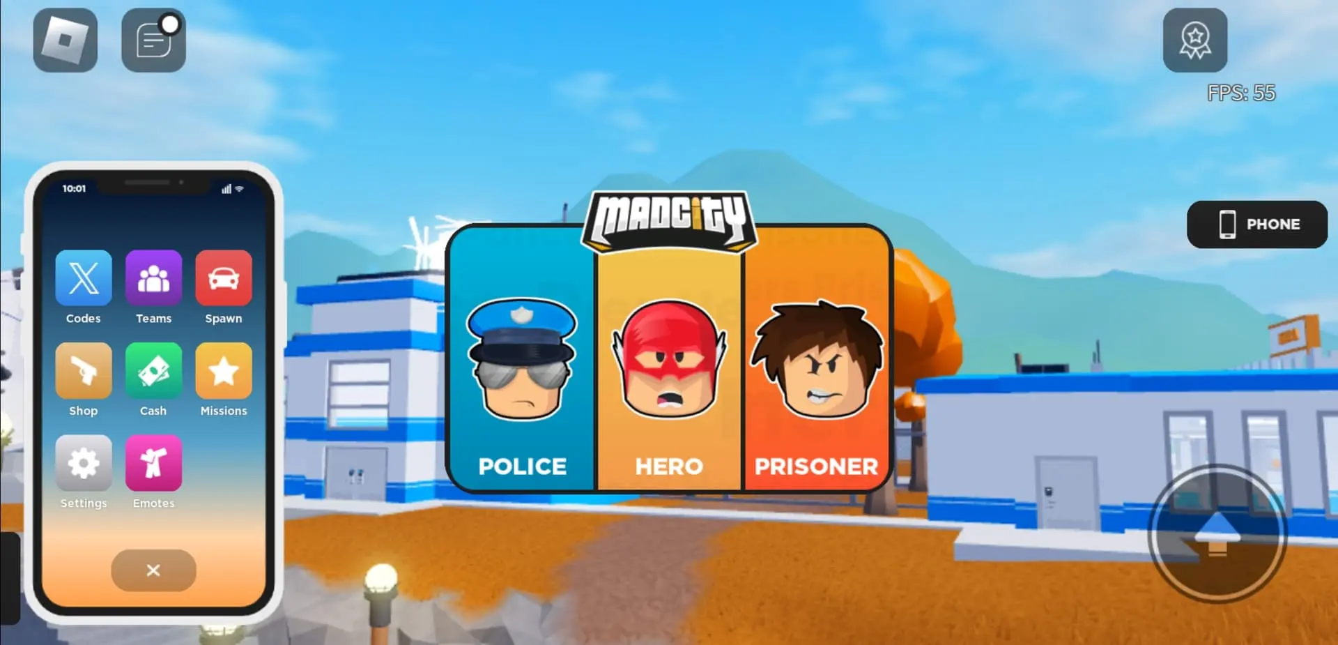 A Roblox Mad City game interface showing a mobile phone menu and a team selection screen for Police, Hero, and Prisoner.