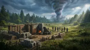 Fantasy co-op survival adventurers facing a magical tornado beside a woodland base
