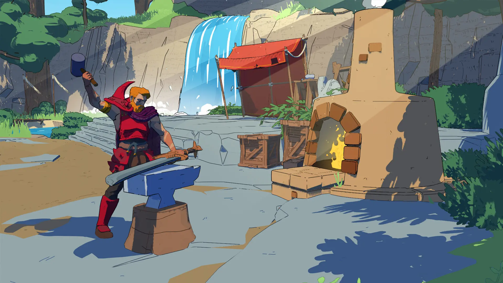 Stylized character in red armor forging a sword on an anvil with a furnace and waterfall in the background