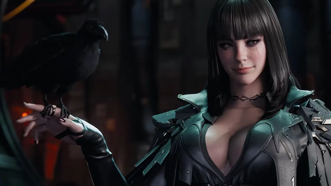 Raven from The First Descendant with a black raven perched on her hand