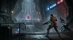 A futuristic Descendant faces a massive alien mothership interior with a raven companion