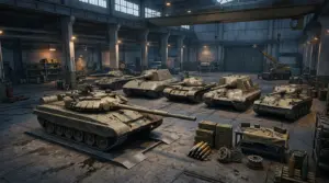 Six armored vehicles displayed in a military garage for the World of Tanks Bond Shop update