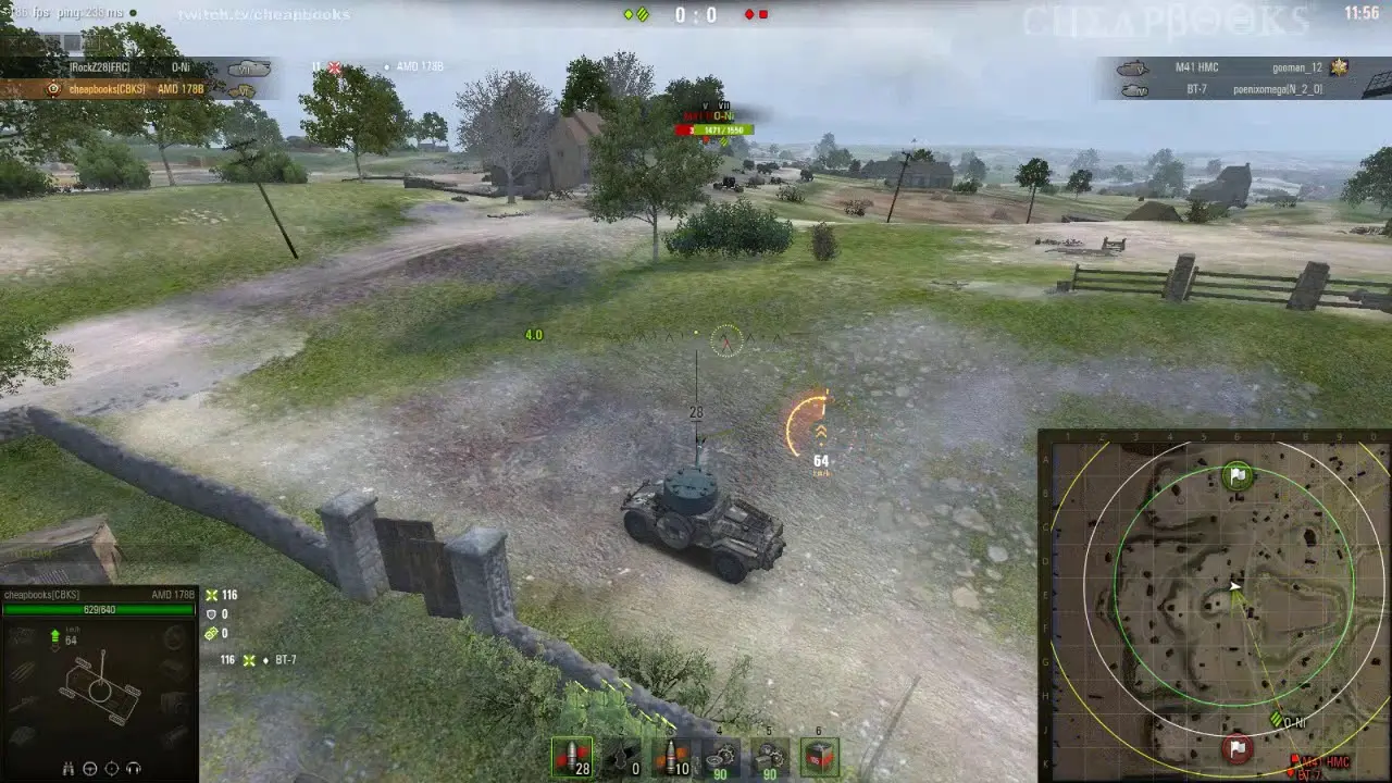 World of Tanks gameplay showing an AMD 1750 light tank in a grassy field with a mini-map and HUD.