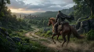 Medieval rider on horseback crossing wilderness toward a distant settlement in Bellwright