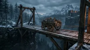 Wooden cart crossing a repaired drawbridge in Valheim’s snowy Nordic landscape