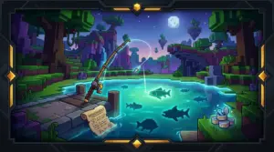 Fantasy fishing scene with event fish, soaked homework bait, and glowing rewards in a voxel adventure world