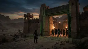 Conan Exiles clan members gathered at a fortified desert settlement under updated server rules