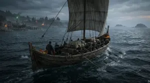Medieval cargo boat crew rowing together near a shipyard in Anvil Empires
