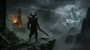 Spectral demonic warrior facing three Prime Evil echoes across a dark Sanctuary landscape