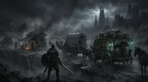 A dark-fantasy caravan traveling through the ruined landscape of Sanctuary in Diablo V