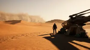 Lone survivor beside a shelter in the harsh orange dunes of Arrakis