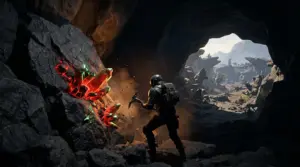 Glowing Scoria deep-ore veins in a volcanic Icarus survival-game cavern