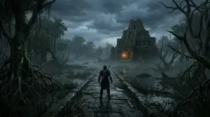 Armored adventurer exploring the misty Black Marsh swamps and ancient Xanmeer ruins in Skyrim's Murkmire