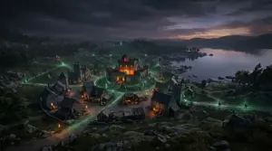 Medieval fantasy MMO settlement glowing with green pathways, representing Legends of Aria Eternal player-hosted servers