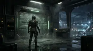 Helmeted Marathon Runner facing a futuristic Perimeter outpost before the Symbiosis update