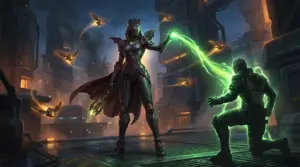 Doctrine, the vampiric support hero, channels green energy across a dark futuristic Overwatch battlefield.