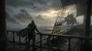Crimson Desert adventurer sails toward a misty island with a colossal mechanical sea threat
