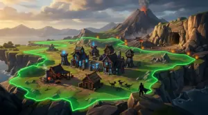 Fantasy game settlement with green building limits and amber no-build zones near a volcanic landscape