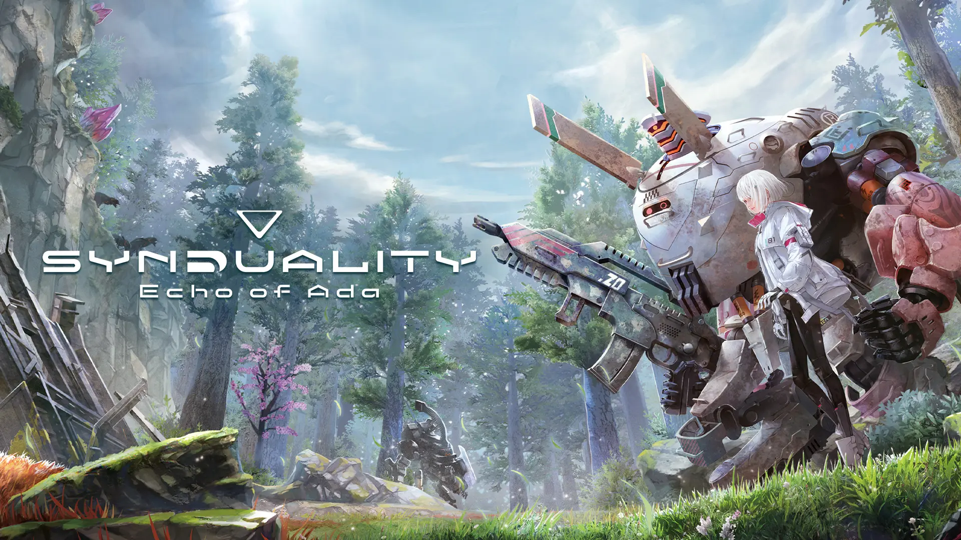 Персонаж и робот на фоне лесного пейзажа в игре Synduality: Echo of Ada