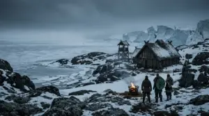 Snowy Viking settlement on Valheim's Deep North coast beneath icy cliffs