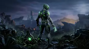 Armored sci-fi warrior confronting infestation on the Plains of Eidolon in a dark green-lit Warframe scene