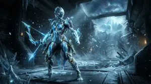Narin, Warframe’s ice-themed warrior, standing in a frozen Zariman spacecraft corridor
