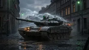 Battle tank advancing through a rainy city street for a World of Tanks cloud gaming event
