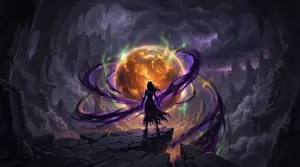 Xal'atath's void energy encircles Azeroth's glowing Worldsoul in a dark fantasy scene